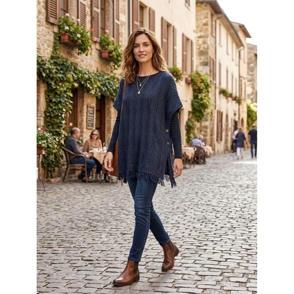 Sonoma Blue Cable-Knit Poncho Sweater Boho Fringe Hem Button Sides Pullover S/M